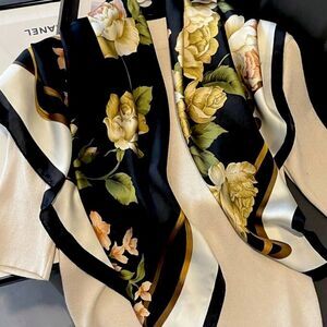 XMAS SALE Vintage Black and Gold Peony Flower Satin Scarf